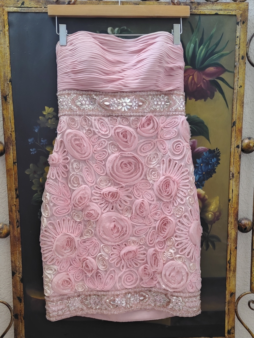 Y2K Sue Wong Strapless Rosetta Cocktail Dress w/ Sequins, Beads, Pleats, P2P 16